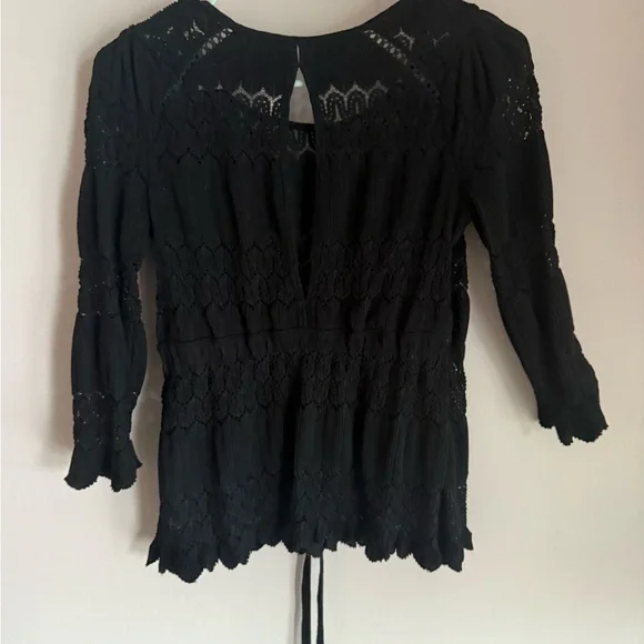 Free People Black Lace Peasant Top Long Sleeve Drawstring Waist XS - Picture 1 of 3